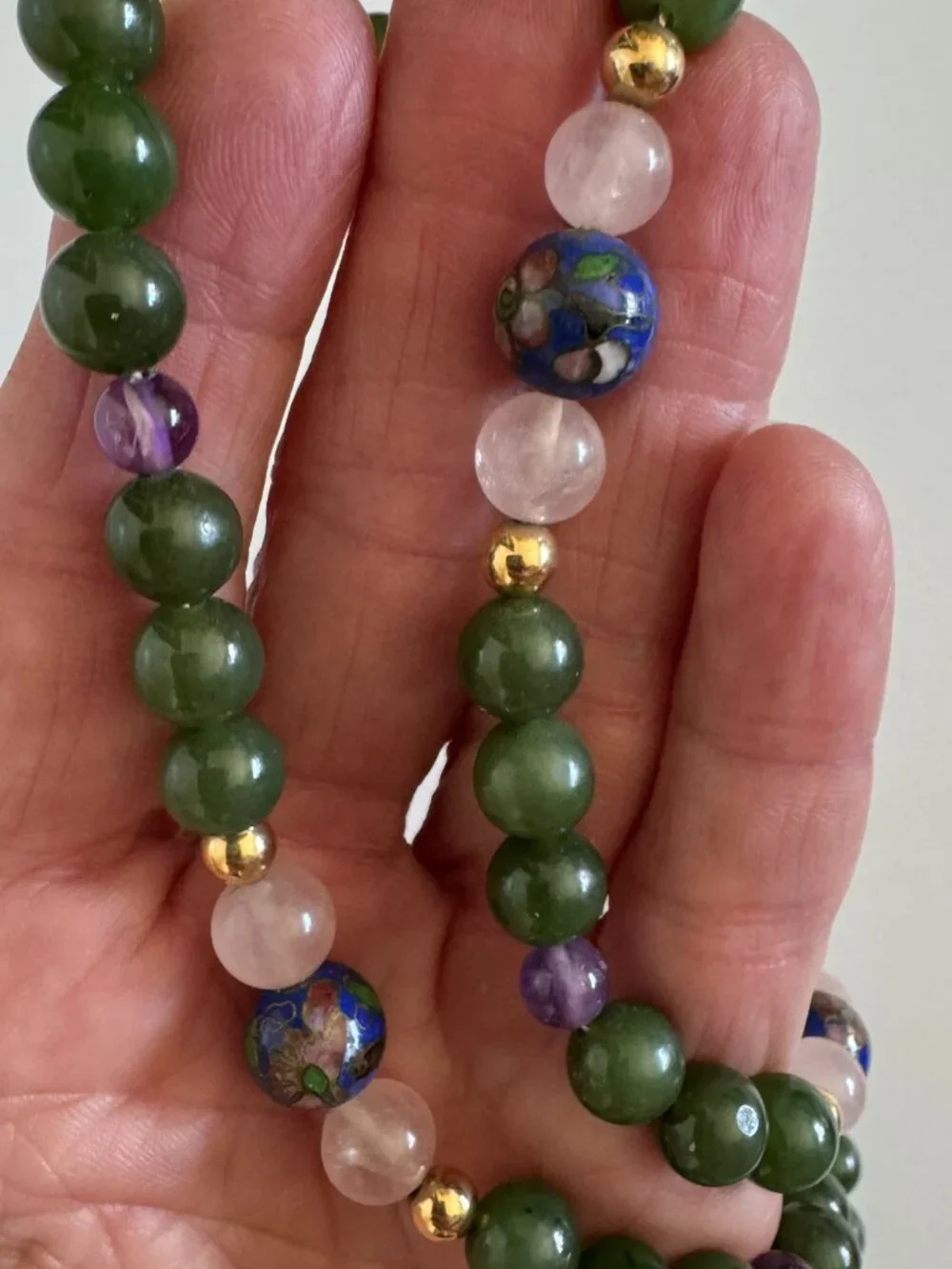 Necklace Jade Beads with Enamel Cloisonne, Rose Quartz, Amethyst and Gold 22